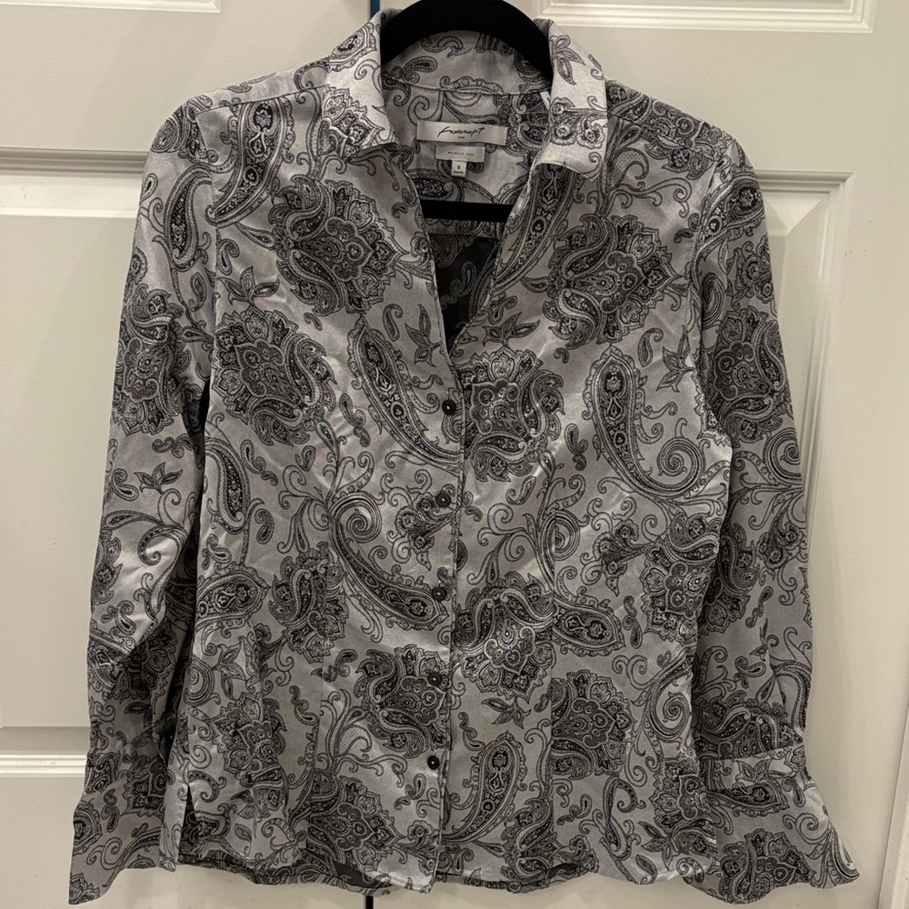 Foxcroft Paisley Button Down Shirt silver and black